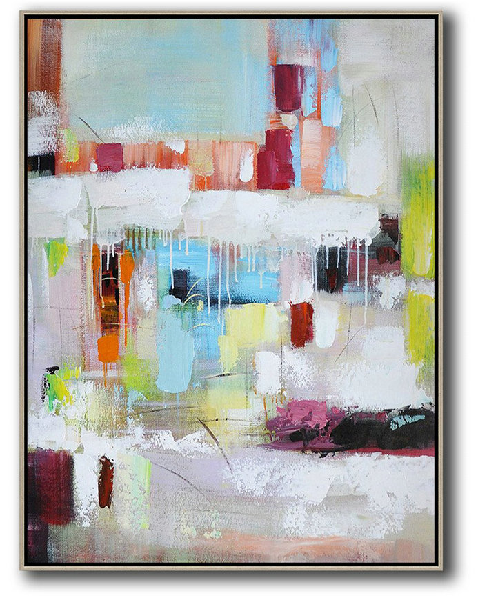 Large Abstract Painting,Vertical Palette Knife Contemporary Art,Big Art Canvas,Blue,White,Red,Orange,Light Green.etc